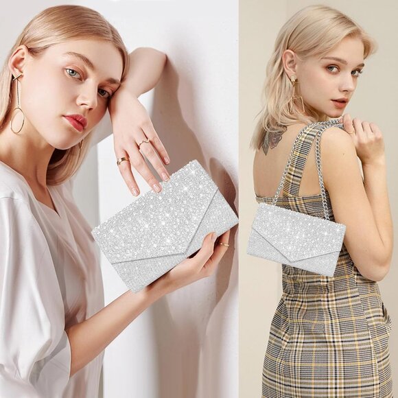 Women Silver Imported Magnetic Purse Rhinestone Envelope Party Handbag - Picture 2 of 7